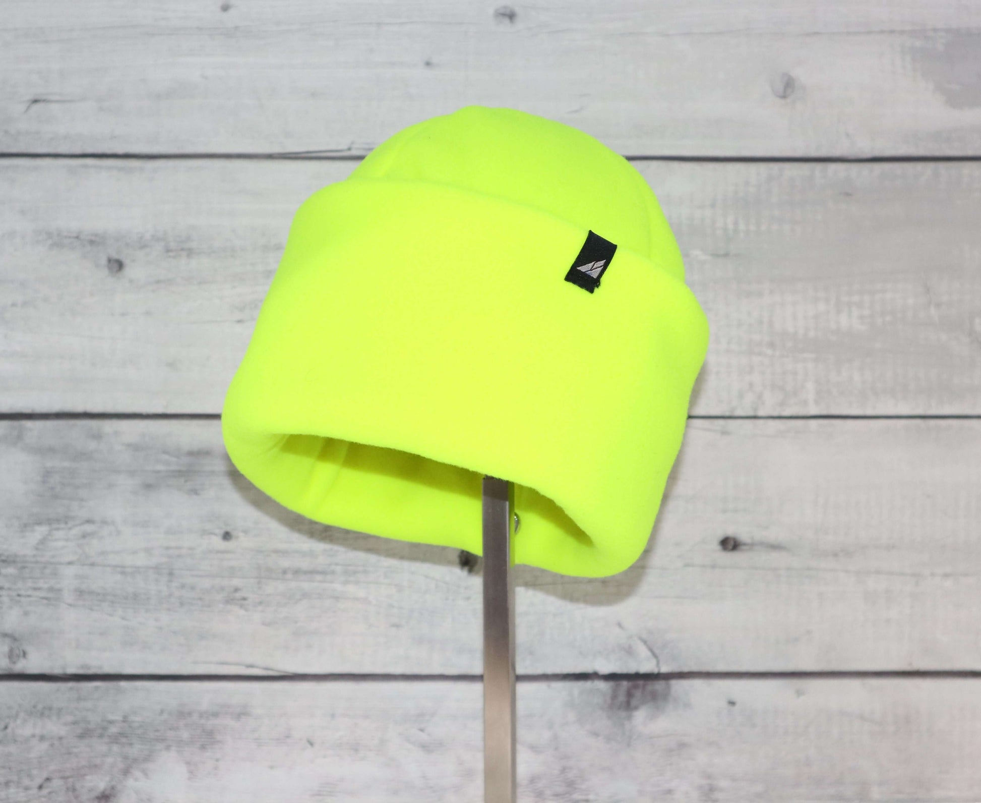 Adult Fleece Cap – Warm Stretch Beanie in bright neon yellow, perfect for cold weather outdoor use.