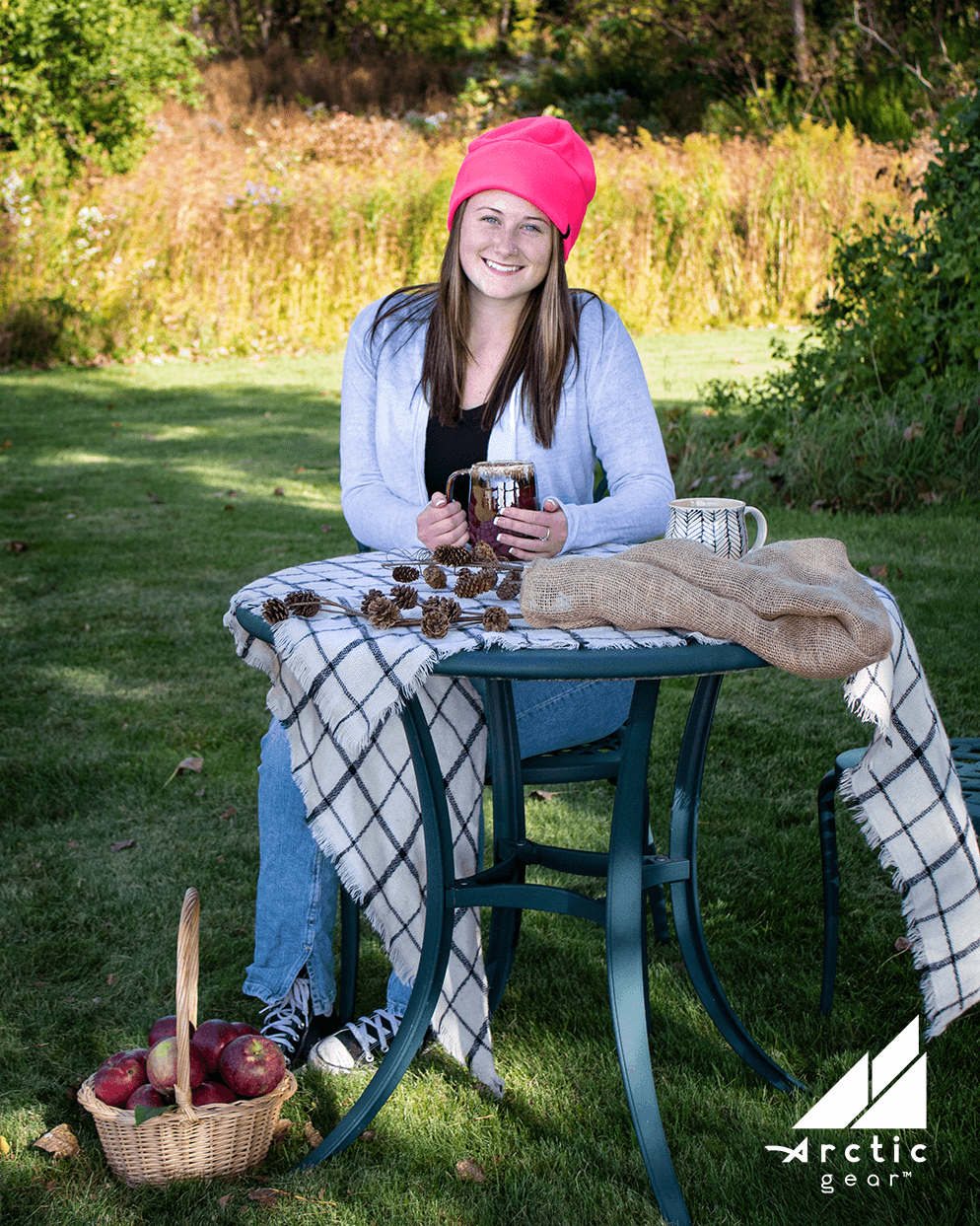 Adult Fleece Cap – Warm Stretch Beanie worn by a woman in a scenic outdoor setting, perfect for cold weather activities.