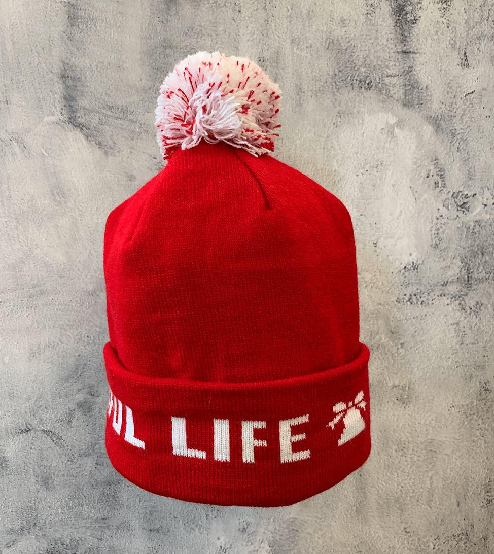 Adult Limited Edition Hat – Bedford Falls Beanie, red beanie with pom-pom and woven design.