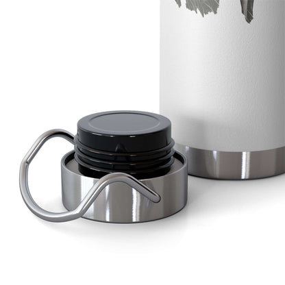 Close-up of the stainless steel cap and lid of a personalized fisherman and dog insulated bottle.