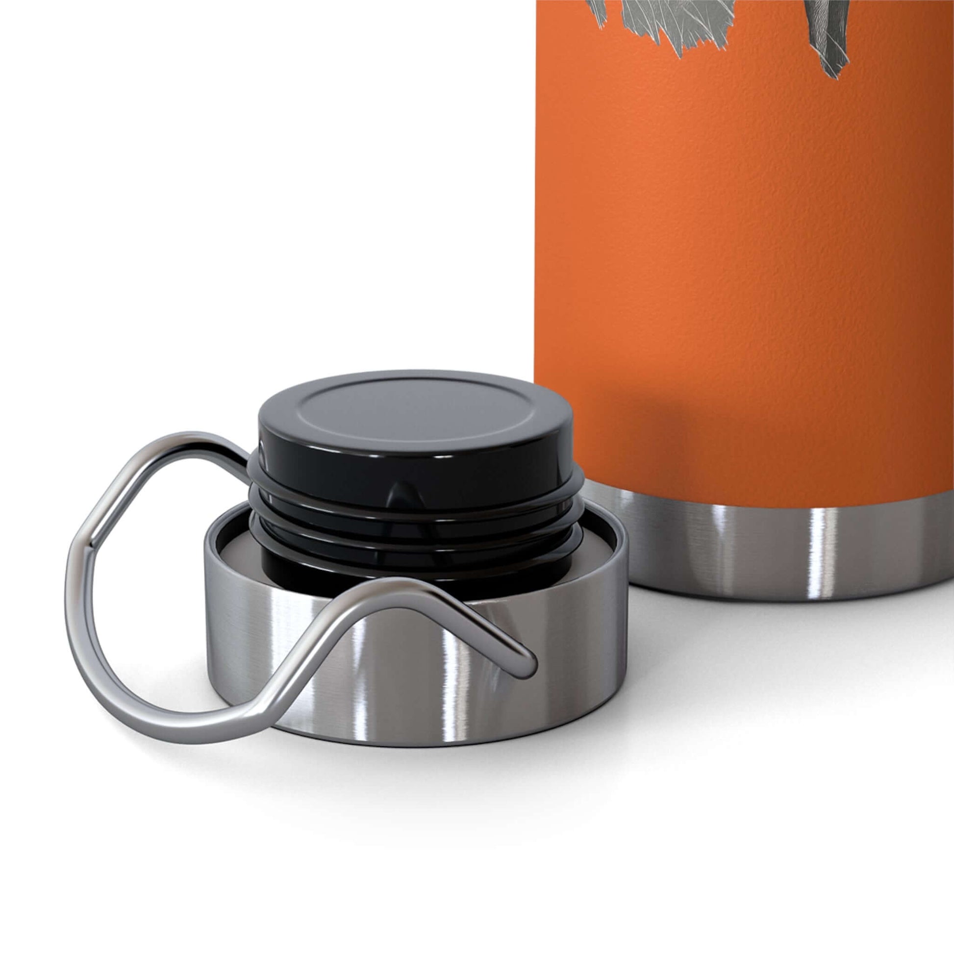 Copper insulated bottle with a black lid, featuring a fisherman and dog design, perfect for outdoor adventures.