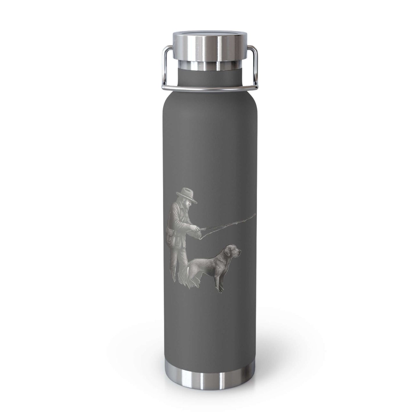 Personalized copper insulated bottle with fisherman and dog design, perfect for outdoor adventures.