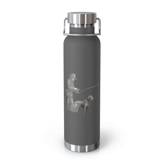Personalized copper insulated bottle with fisherman and dog design, perfect for outdoor adventures.