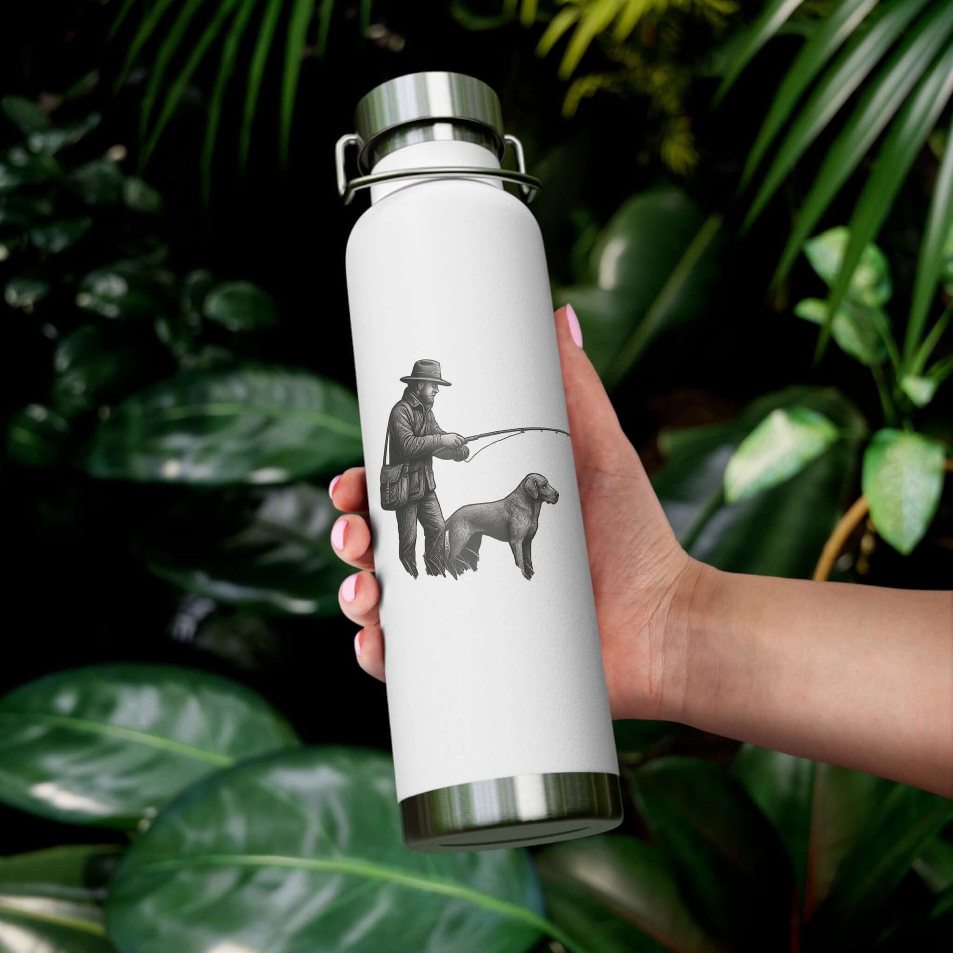 Personalized copper insulated bottle featuring a fisherman and dog design, perfect for outdoor adventures.