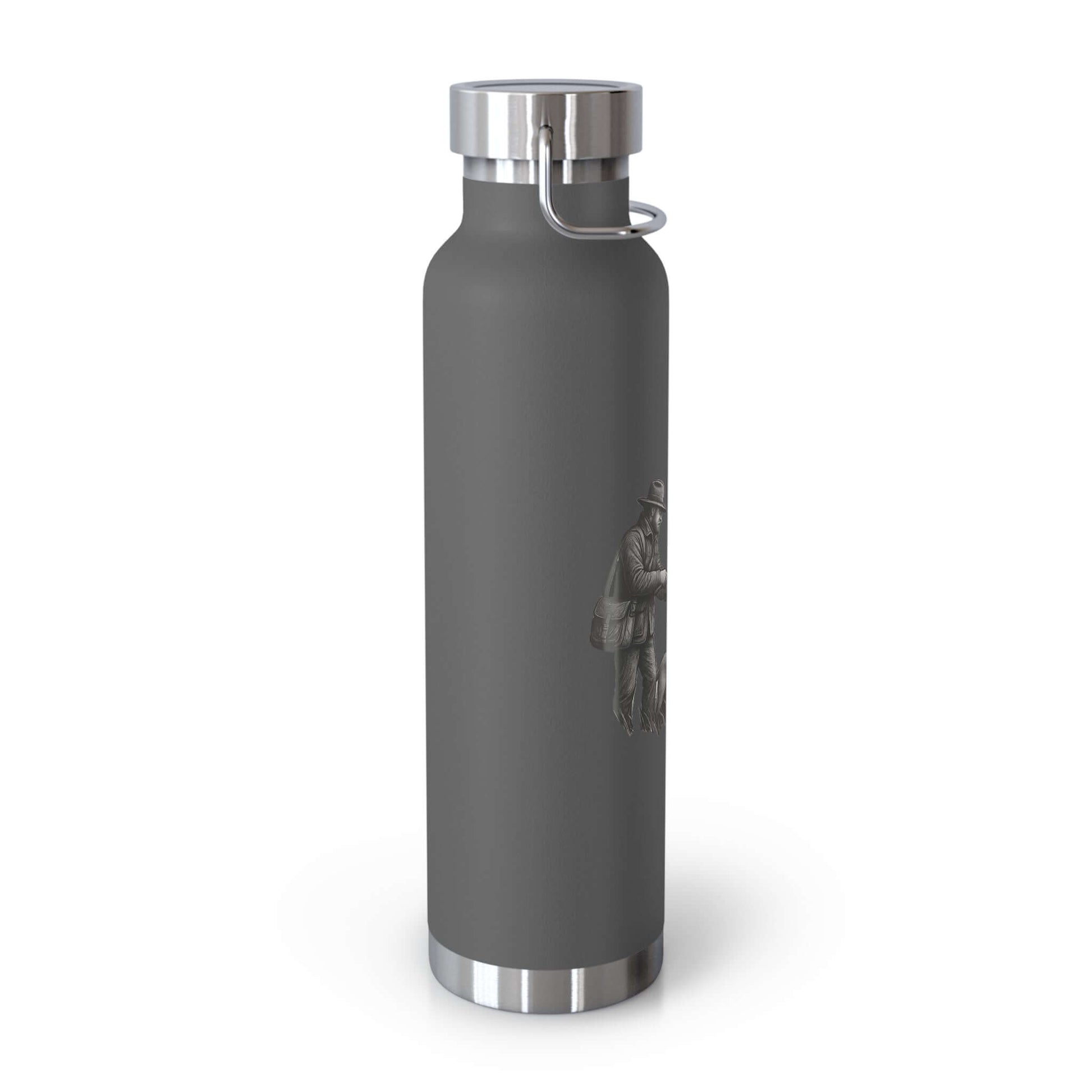 Personalized copper insulated bottle for fishermen featuring a fisherman and dog graphic, perfect for outdoor adventures.