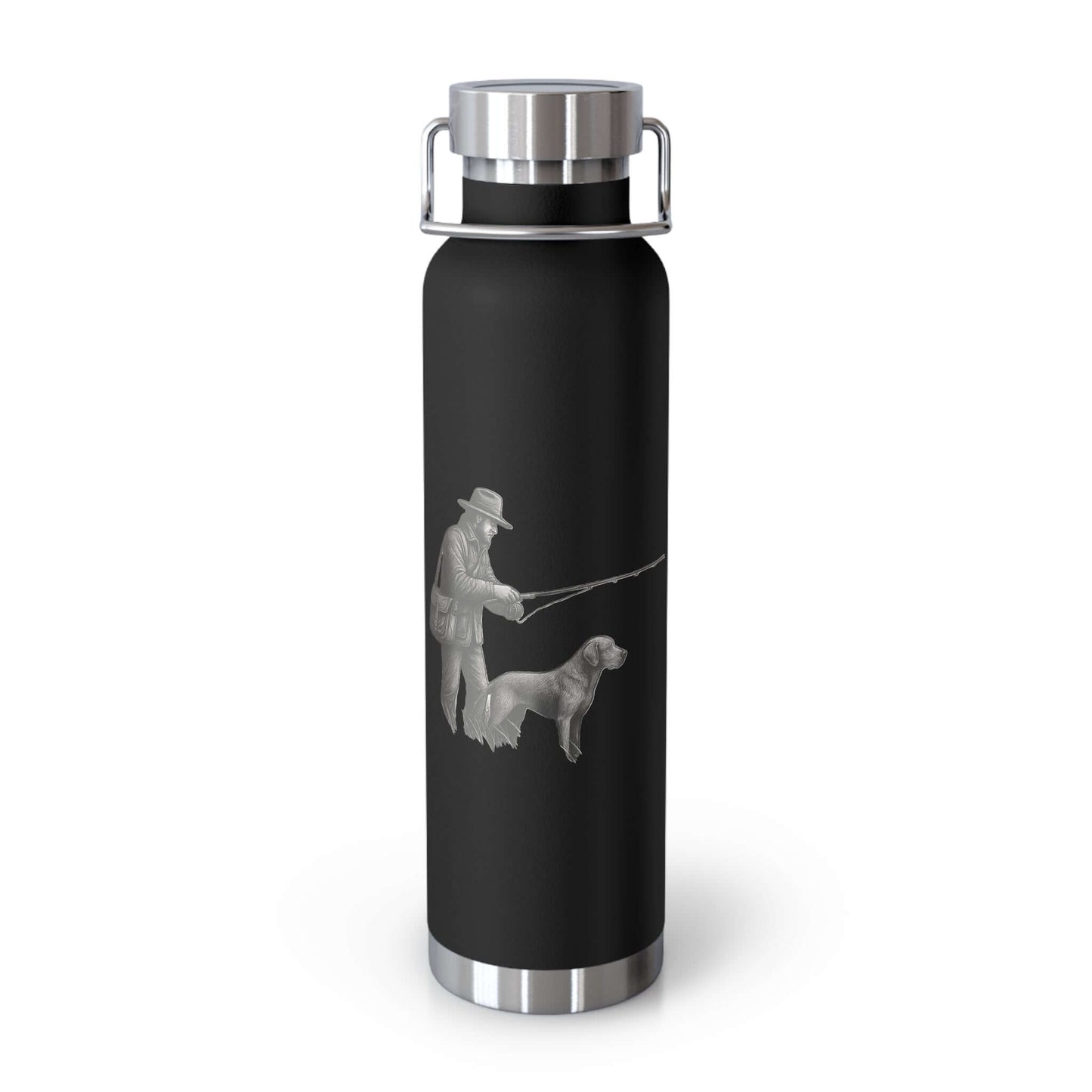 Personalized copper insulated bottle featuring a fisherman and his dog graphic, ideal for outdoor adventures.