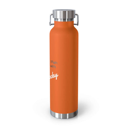 Personalized orange insulated bottle with custom fisherman and dog design for outdoor adventures.