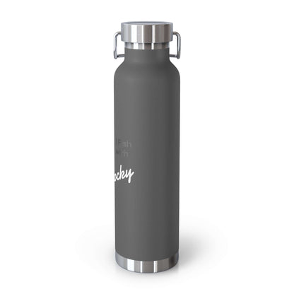 Personalized copper insulated bottle for fishermen featuring custom text and sleek gray design.