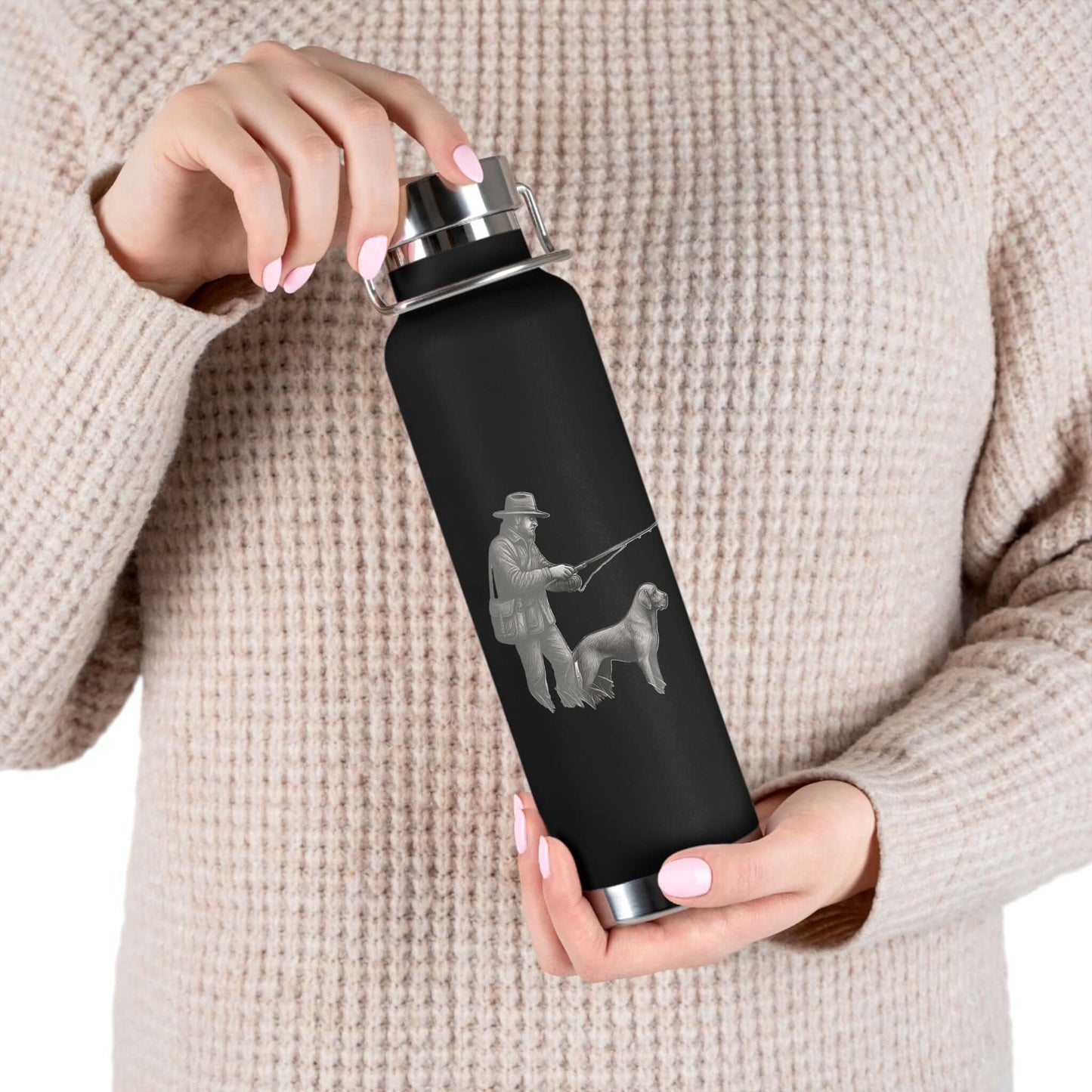 Personalized copper insulated bottle featuring a fisherman and dog graphic, perfect for outdoor adventures.
