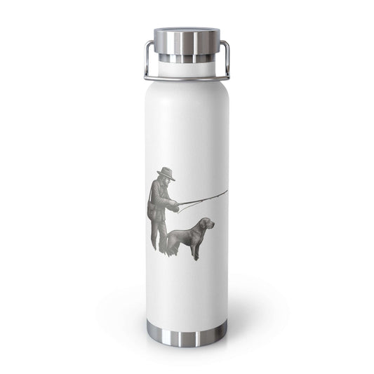 Personalized copper insulated bottle featuring a fisherman and his dog, perfect for outdoor adventures.