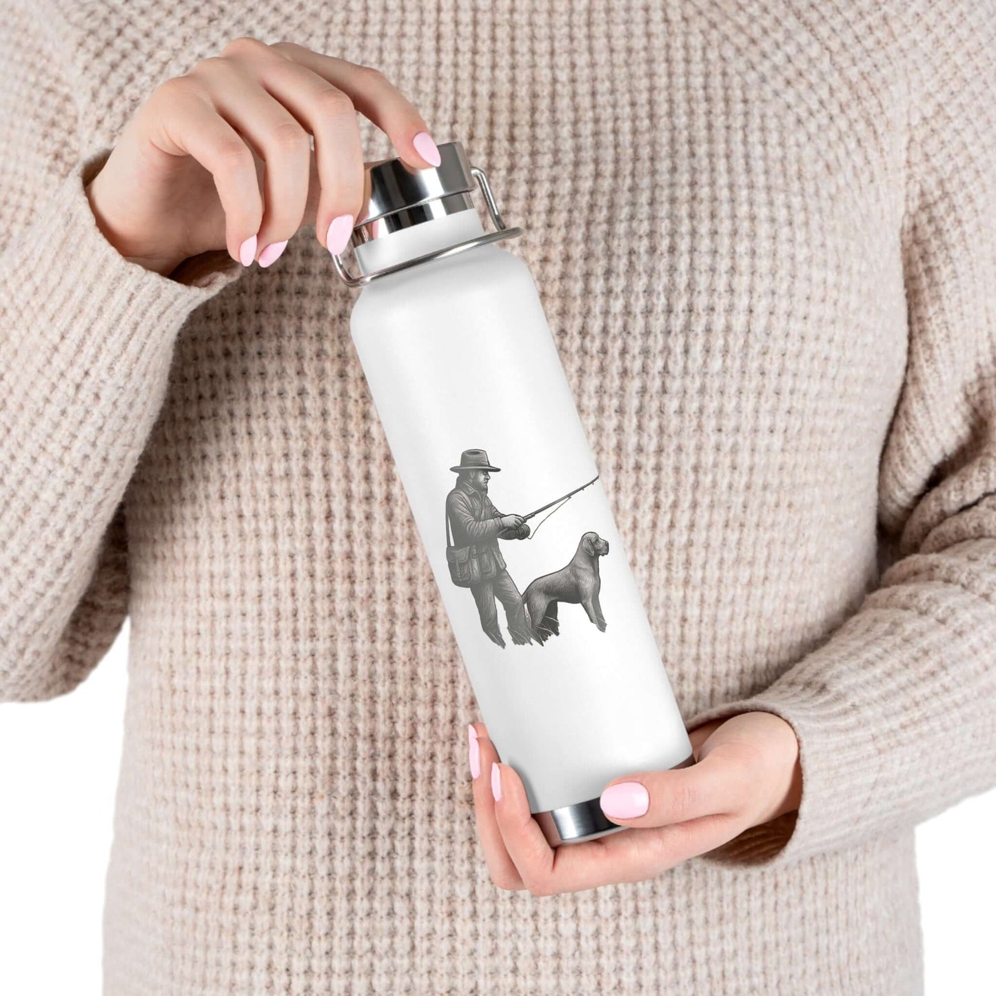 Personalized copper insulated bottle featuring a fisherman and dog graphic, perfect for outdoor adventures.