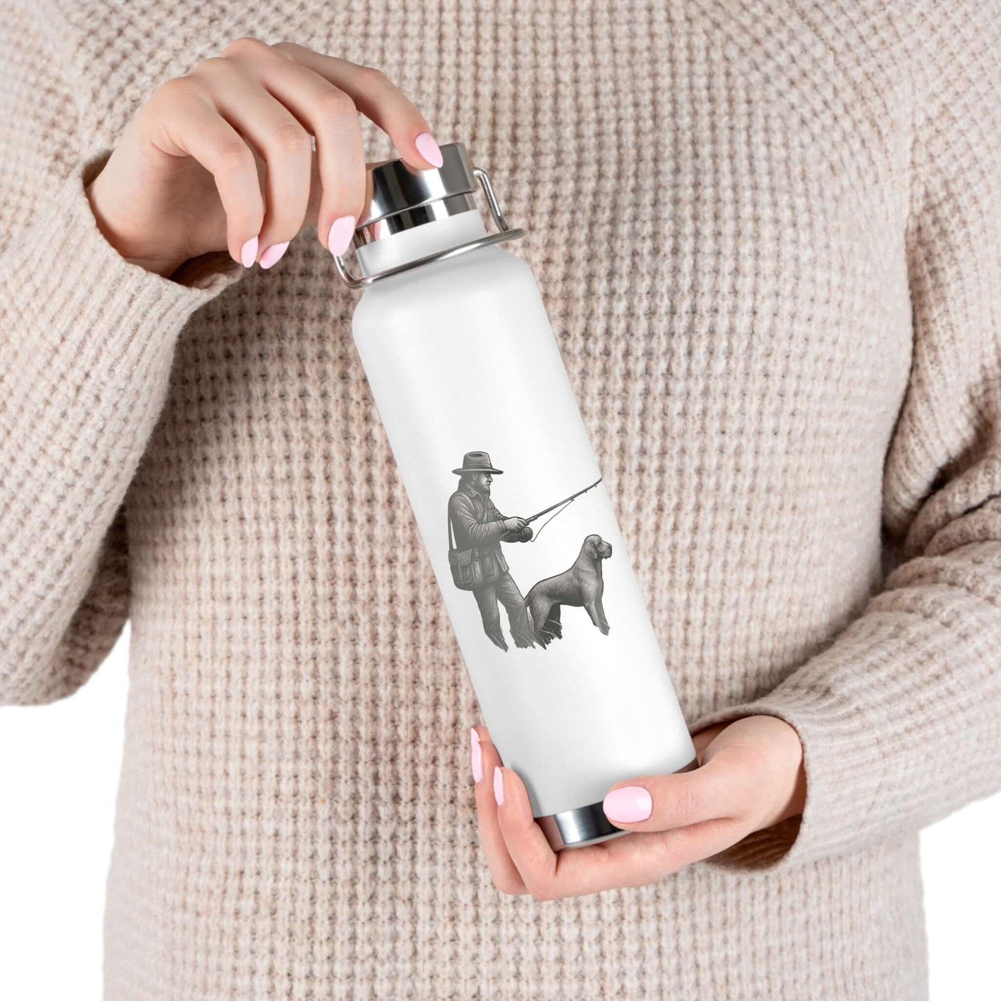Personalized copper insulated bottle featuring a fisherman and dog graphic, perfect for outdoor adventures.