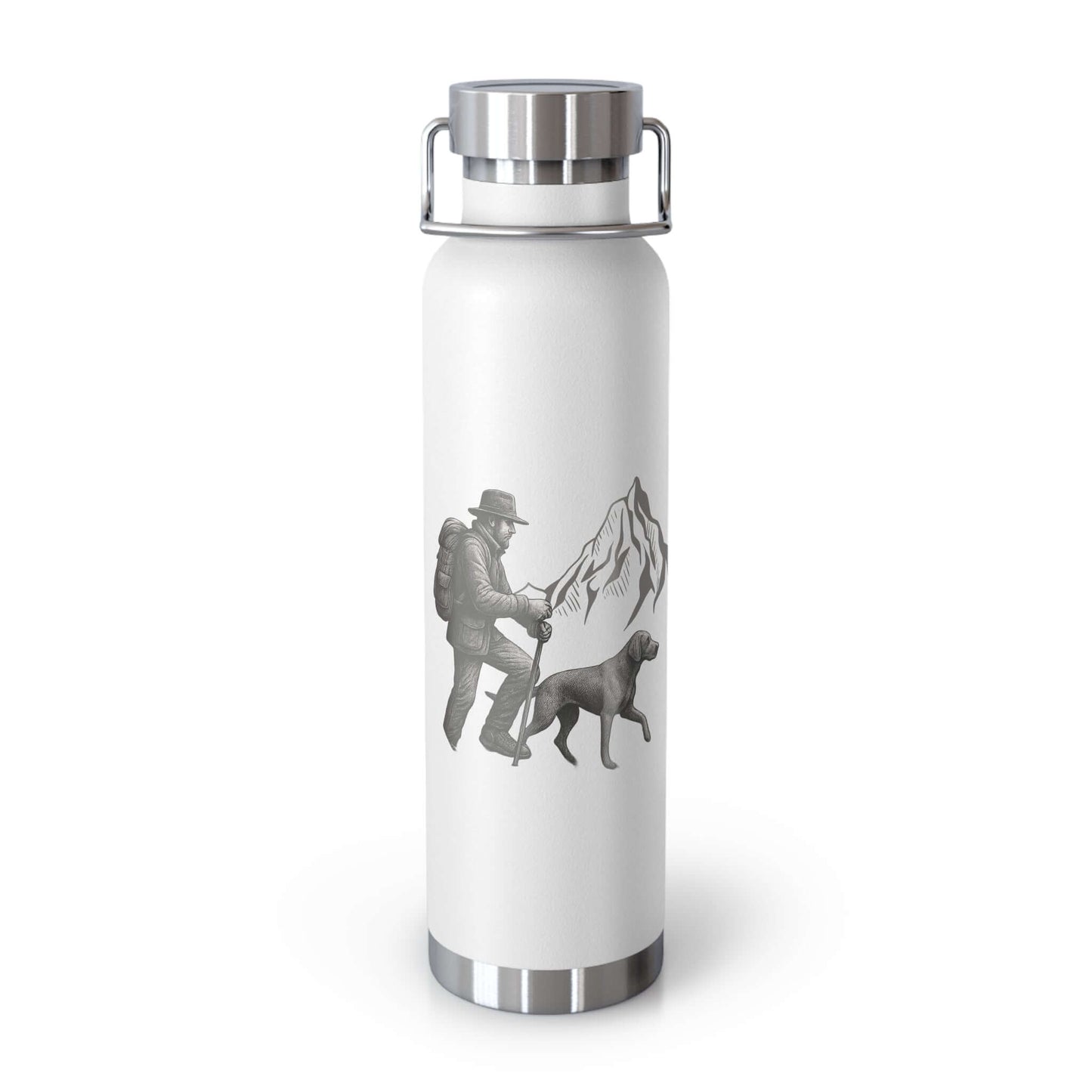 Personalized hiking bottle featuring a hiker and dog design, perfect for outdoor adventures and keeping drinks insulated.