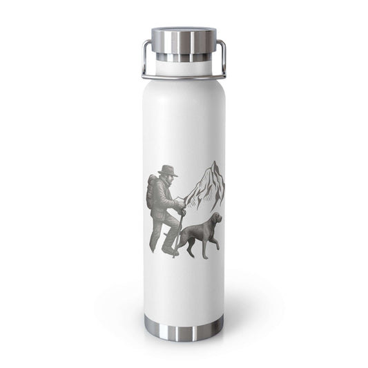 Personalized hiking bottle featuring a hiker and dog design, perfect for outdoor adventures and keeping drinks insulated.