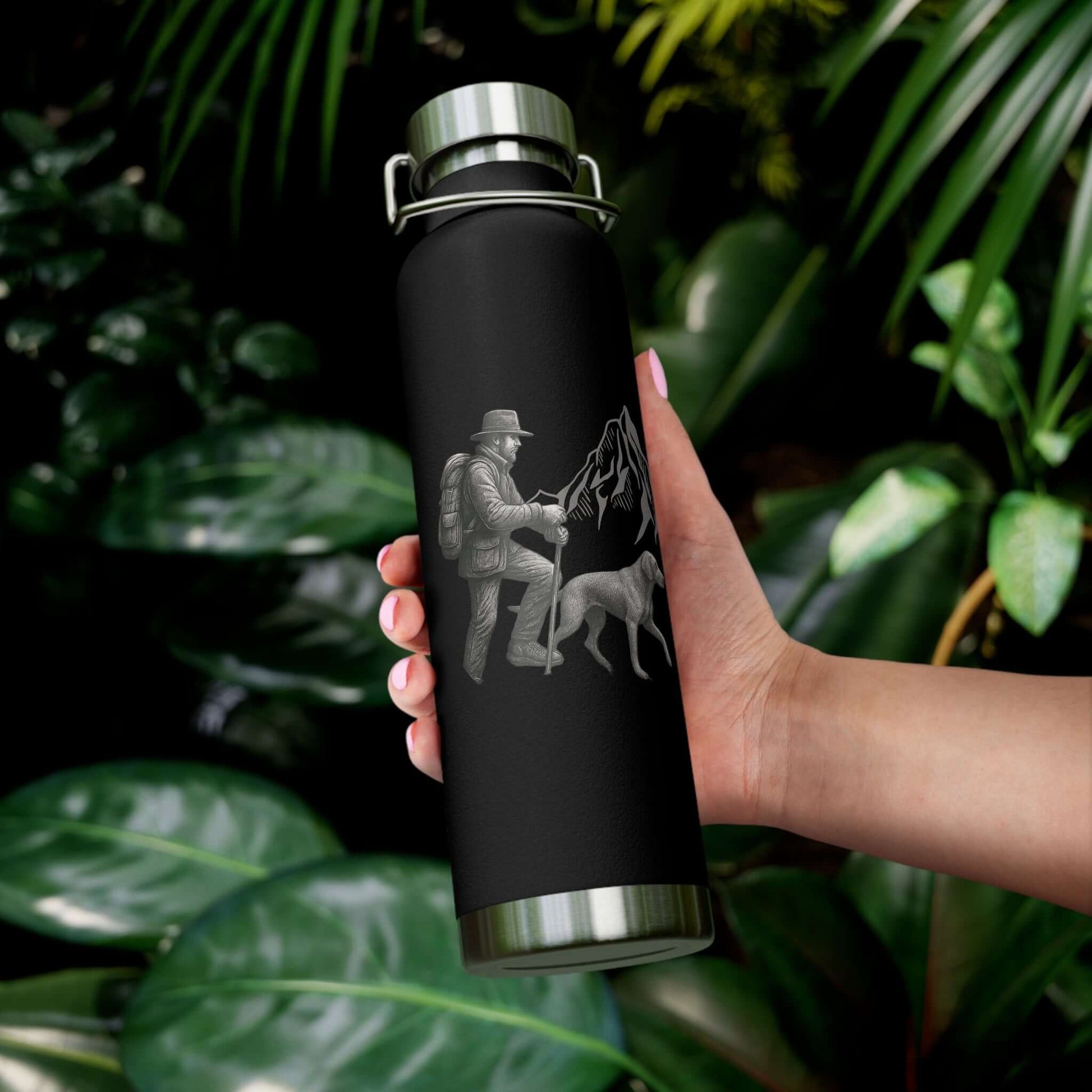 Personalized hiking bottle featuring a hiker and dog design, perfect for outdoor enthusiasts.
