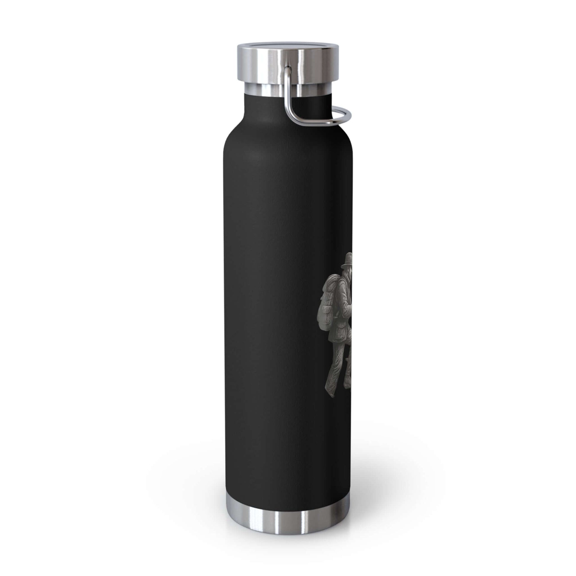 Personalized black hiking bottle with outdoor design, perfect for keeping drinks hot or cold during adventures.