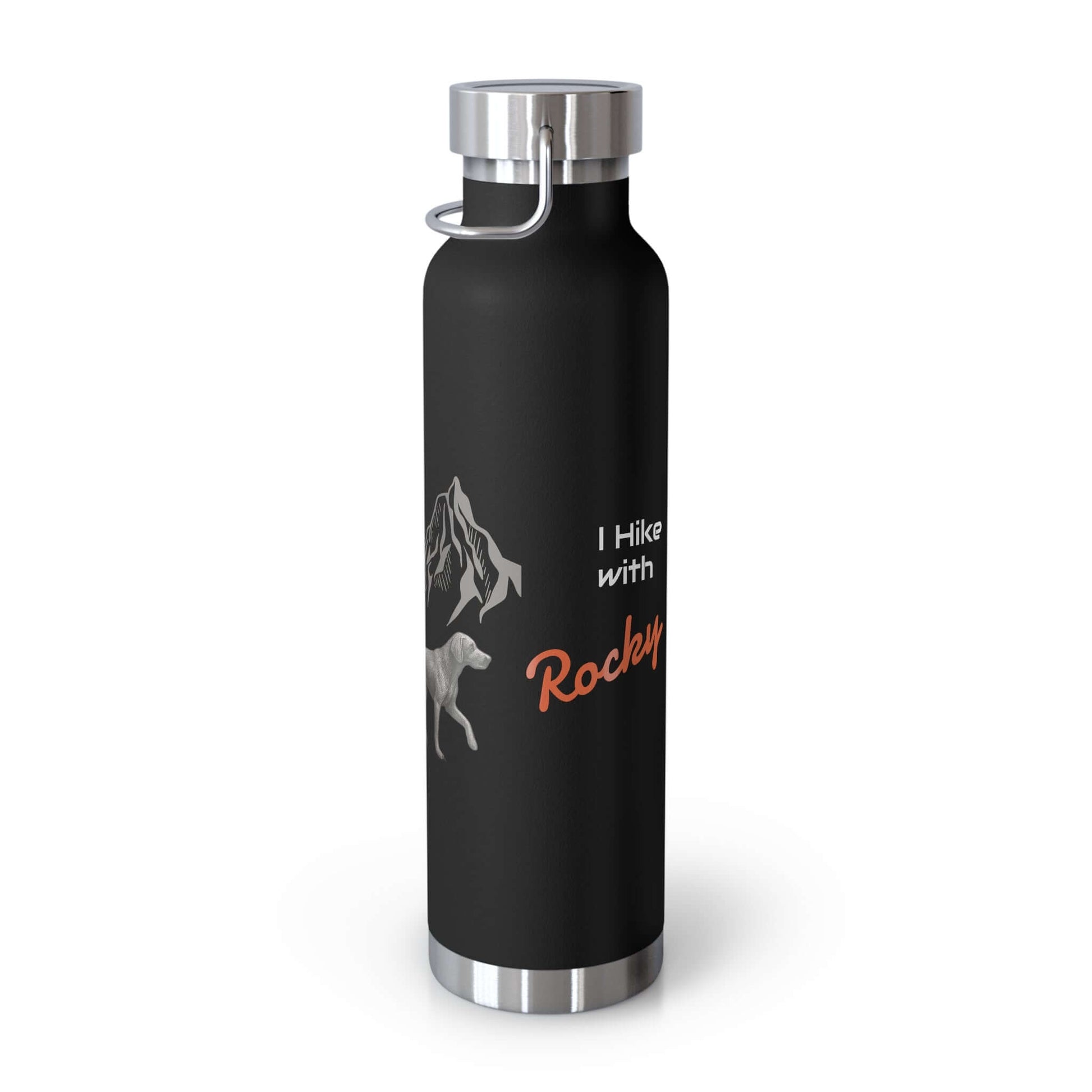 Personalized black hiking bottle with mountain design and text 'I Hike with Rocky' for outdoor enthusiasts.
