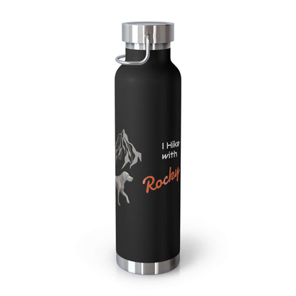 Personalized black hiking bottle with mountain design and text 'I Hike with Rocky' for outdoor enthusiasts.