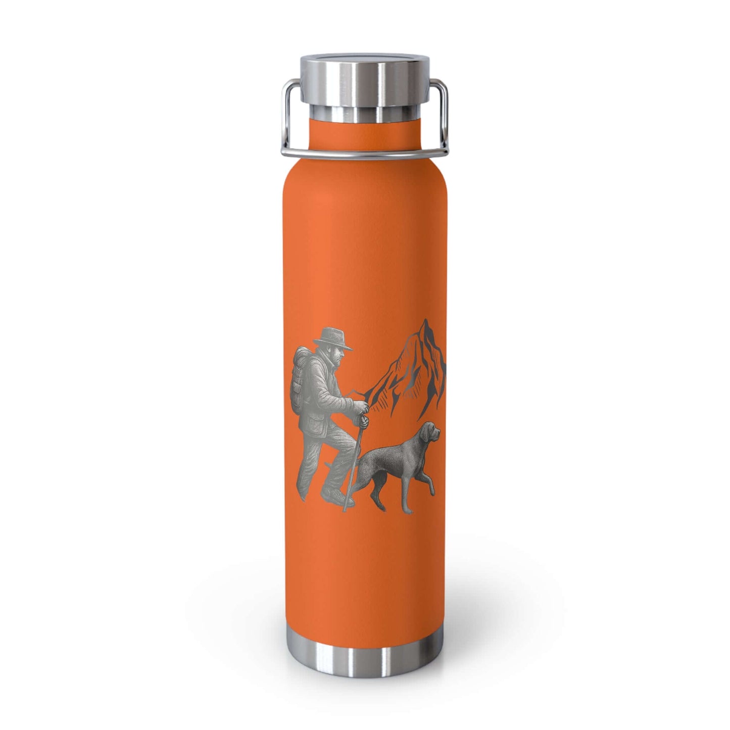Personalized orange hiking bottle featuring a hiker and dog with mountain design, perfect for outdoor adventures.