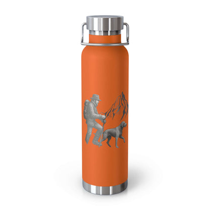 Personalized orange hiking bottle featuring a hiker and dog with mountain design, perfect for outdoor adventures.