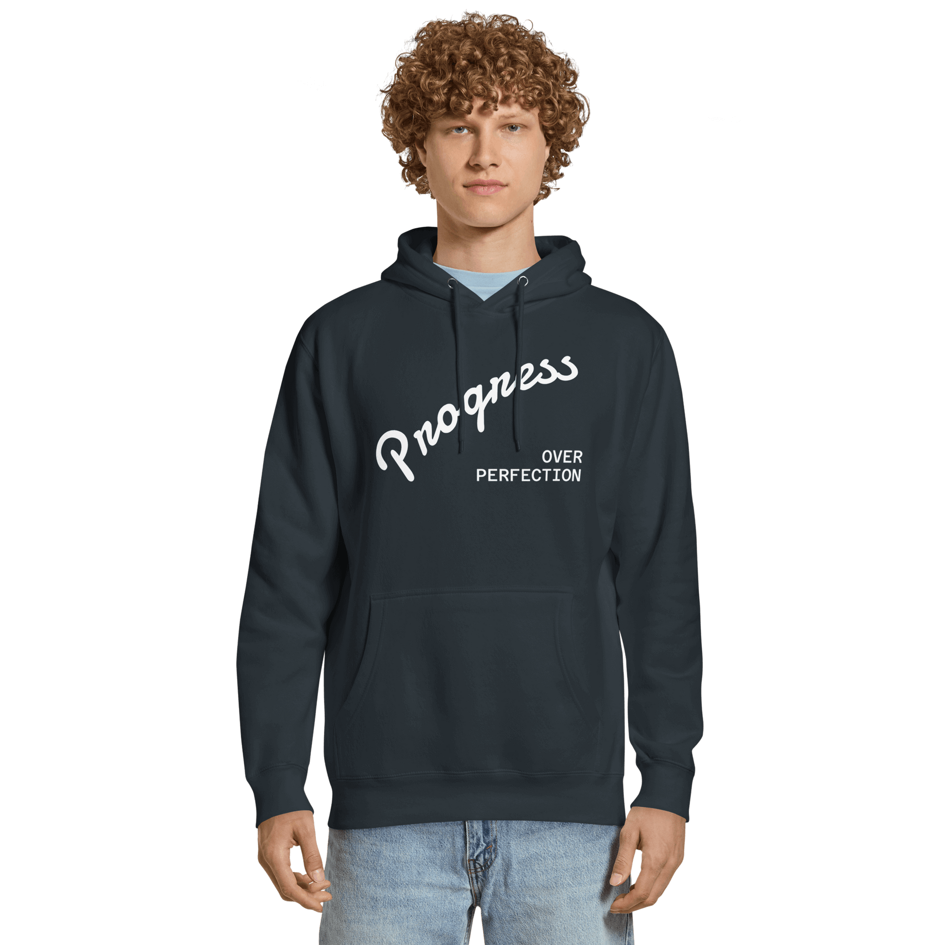 Affirmation Arc Hoodie – Custom Mantra & Value worn by a young man, showcasing 'Progress Over Perfection' design.