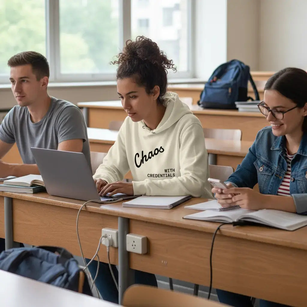 Affirmation Arc Hoodie – Custom Mantra & Value worn by students studying in a classroom.
