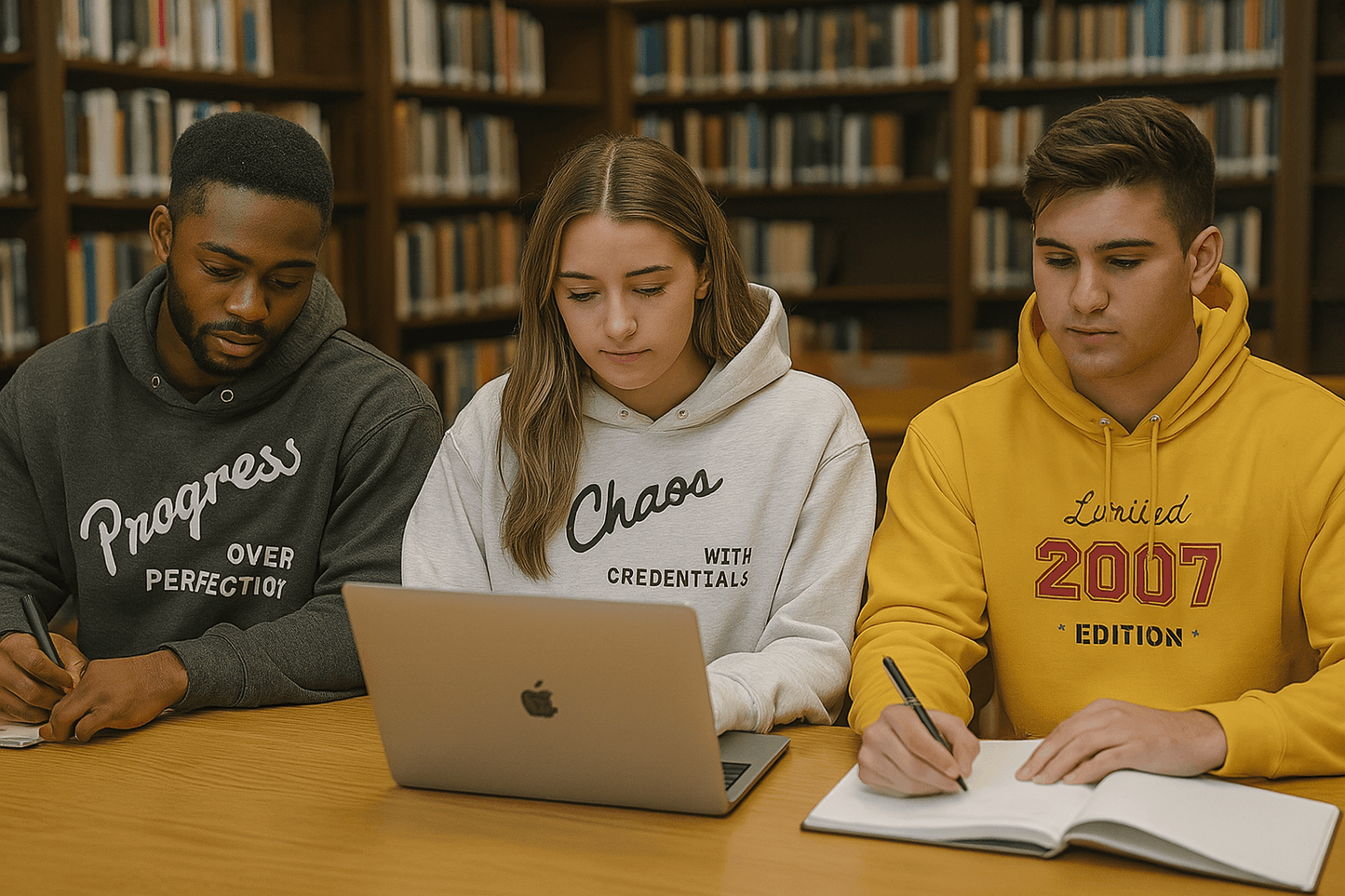Affirmation Arc Hoodie – Custom Mantra & Value worn by students studying in a library setting.
