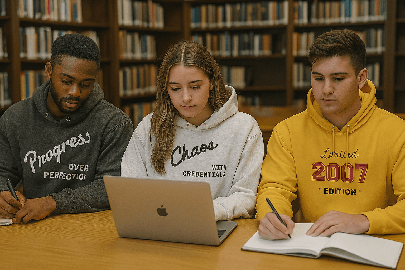 Affirmation Arc Hoodie – Custom Mantra & Value worn by students studying in a library setting.