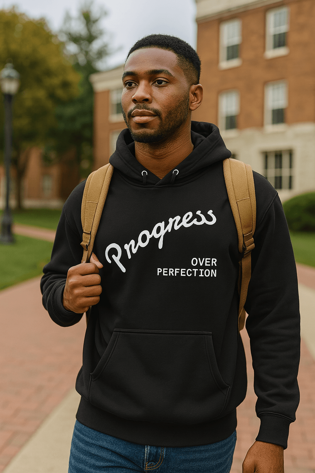 Affirmation Arc Hoodie – Custom Mantra & Value worn by a confident student, showcasing the mantra 'Progress Over Perfection'.