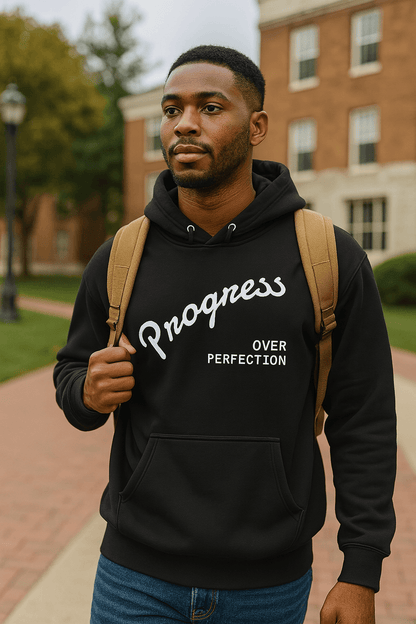 Affirmation Arc Hoodie – Custom Mantra & Value worn by a confident student, showcasing the mantra 'Progress Over Perfection'.