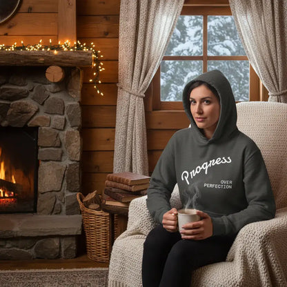 Affirmation Arc Hoodie – Custom Mantra & Value worn by a woman by the fireplace, showcasing a progress mantra.