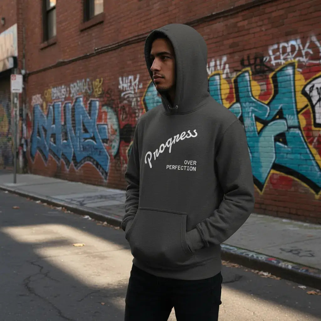 Affirmation Arc Hoodie – Custom Mantra & Value worn by a man in a street with graffiti background.