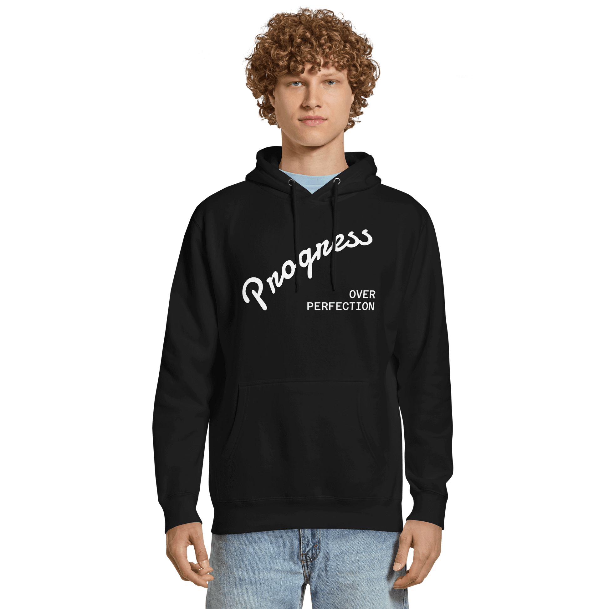 Affirmation Arc Hoodie – Custom Mantra & Value featuring 'Progress Over Perfection' in a stylish design.