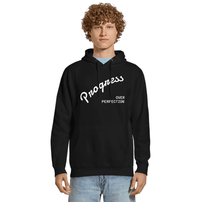 Affirmation Arc Hoodie – Custom Mantra & Value featuring 'Progress Over Perfection' in a stylish design.