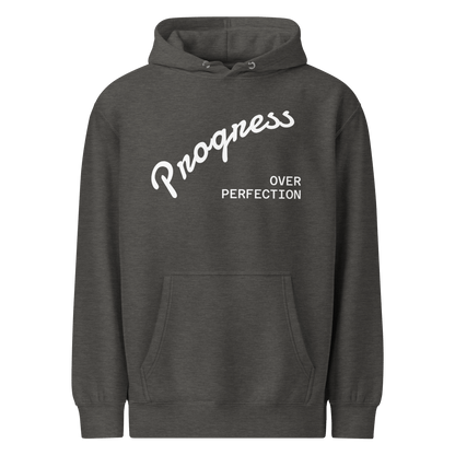 Affirmation Arc Hoodie – Custom Mantra & Value with 'Progress Over Perfection' design in stylish grey.