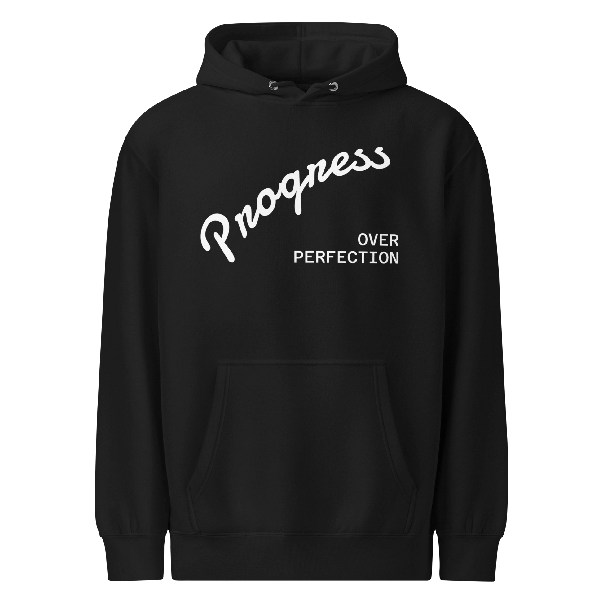 Affirmation Arc Hoodie – Custom Mantra & Value in black, featuring 'Progress Over Perfection' artwork.