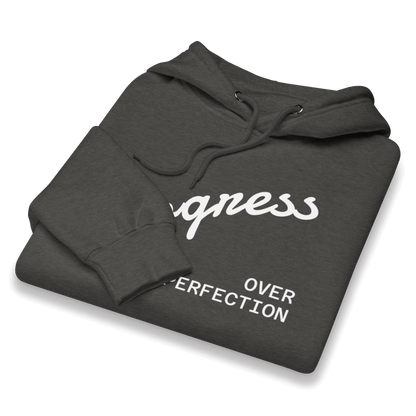 Affirmation Arc Hoodie – Custom Mantra & Value in dark gray with 'Progress Over Perfection' slogan.