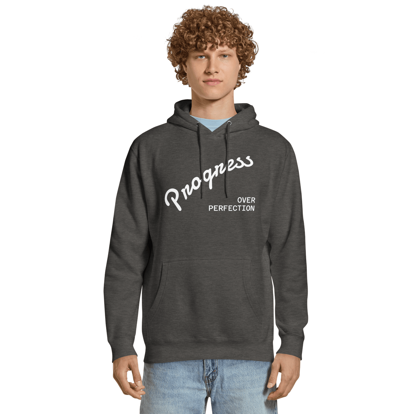 Affirmation Arc Hoodie – Custom Mantra & Value in dark gray with "Progress Over Perfection" design.
