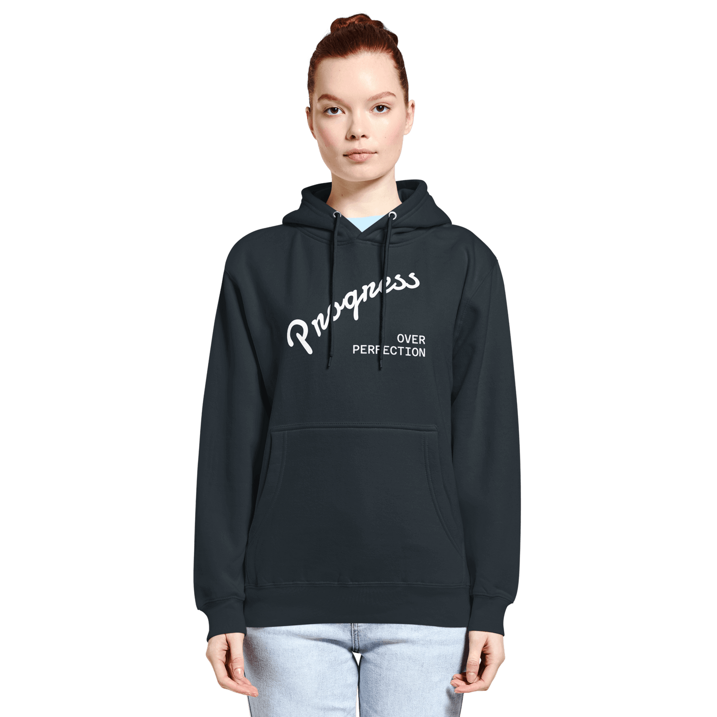 Affirmation Arc Hoodie – Custom Mantra & Value in black featuring 'Progress Over Perfection' slogan.