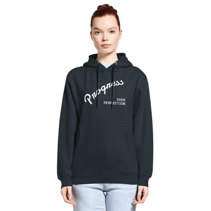 Affirmation Arc Hoodie – Custom Mantra & Value in black featuring 'Progress Over Perfection' slogan.