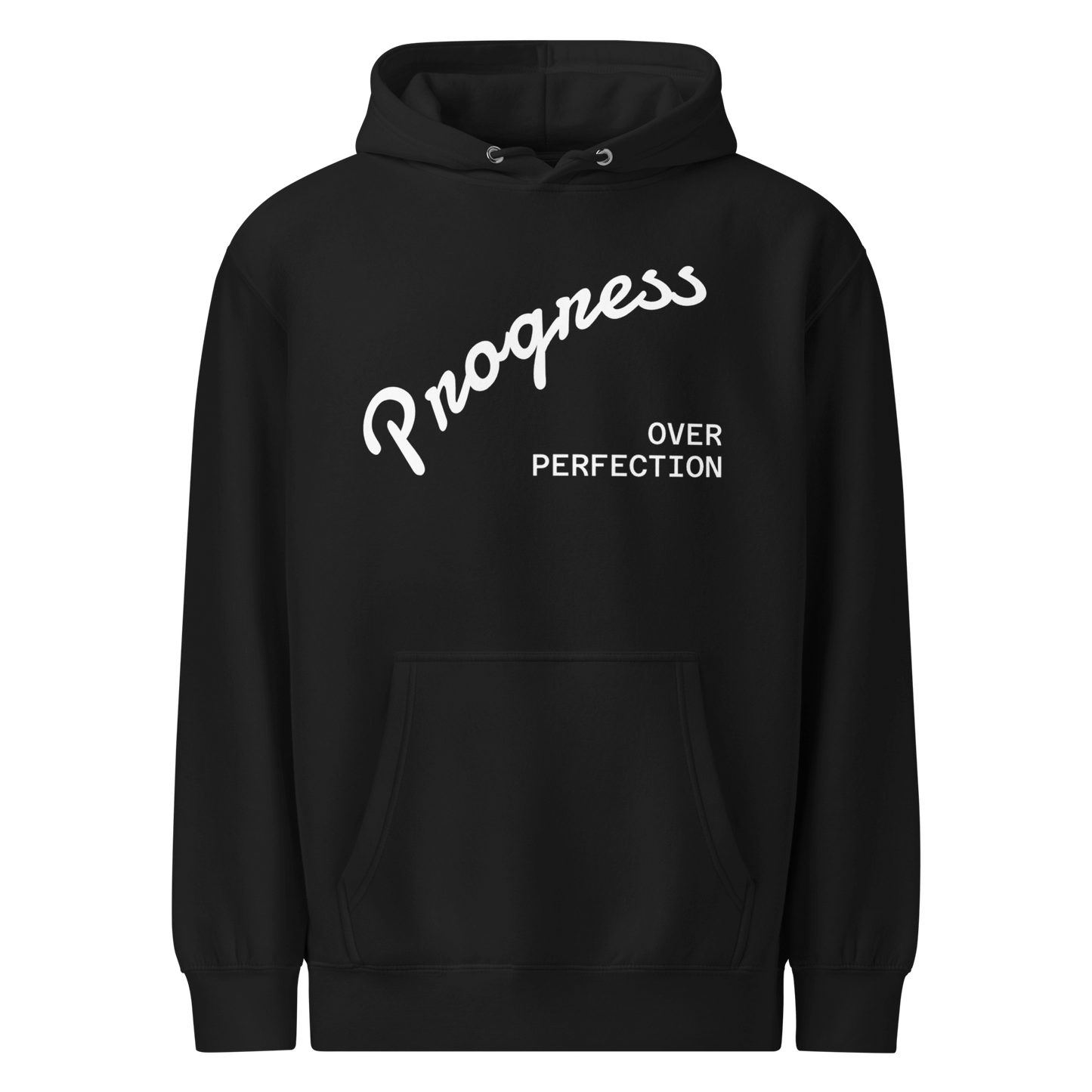 Affirmation Arc Hoodie – Custom Mantra & Value in black with 'Progress Over Perfection' graphic design.