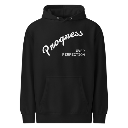 Affirmation Arc Hoodie – Custom Mantra & Value in black with 'Progress Over Perfection' graphic design.