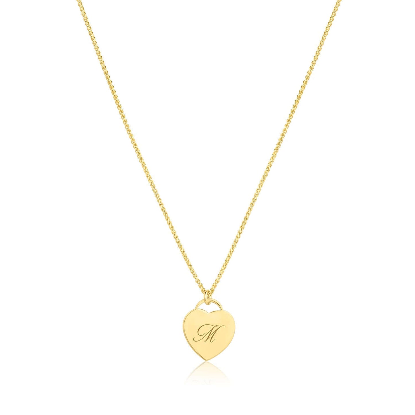 Alice Initial Necklace – Personalized 14k Gold-Filled Heart featuring a gold heart charm with engraved letter M.