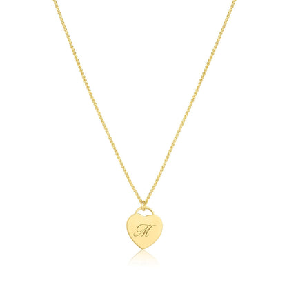 Alice Initial Necklace – Personalized 14k Gold-Filled Heart featuring a gold heart charm with engraved letter M.