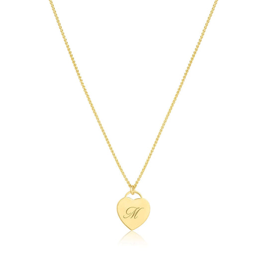 Alice Initial Necklace – Personalized 14k Gold-Filled Heart featuring a gold heart charm with engraved letter M.