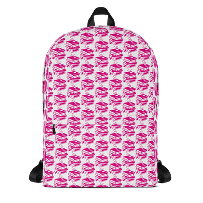 Bright pink patterned backpack with playful book designs, perfect for school and adventures.