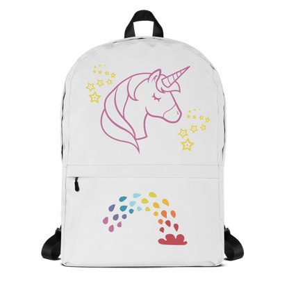 Unicorn Dreams Backpack featuring whimsical unicorn design and rainbow accents, water-resistant and laptop-ready.
