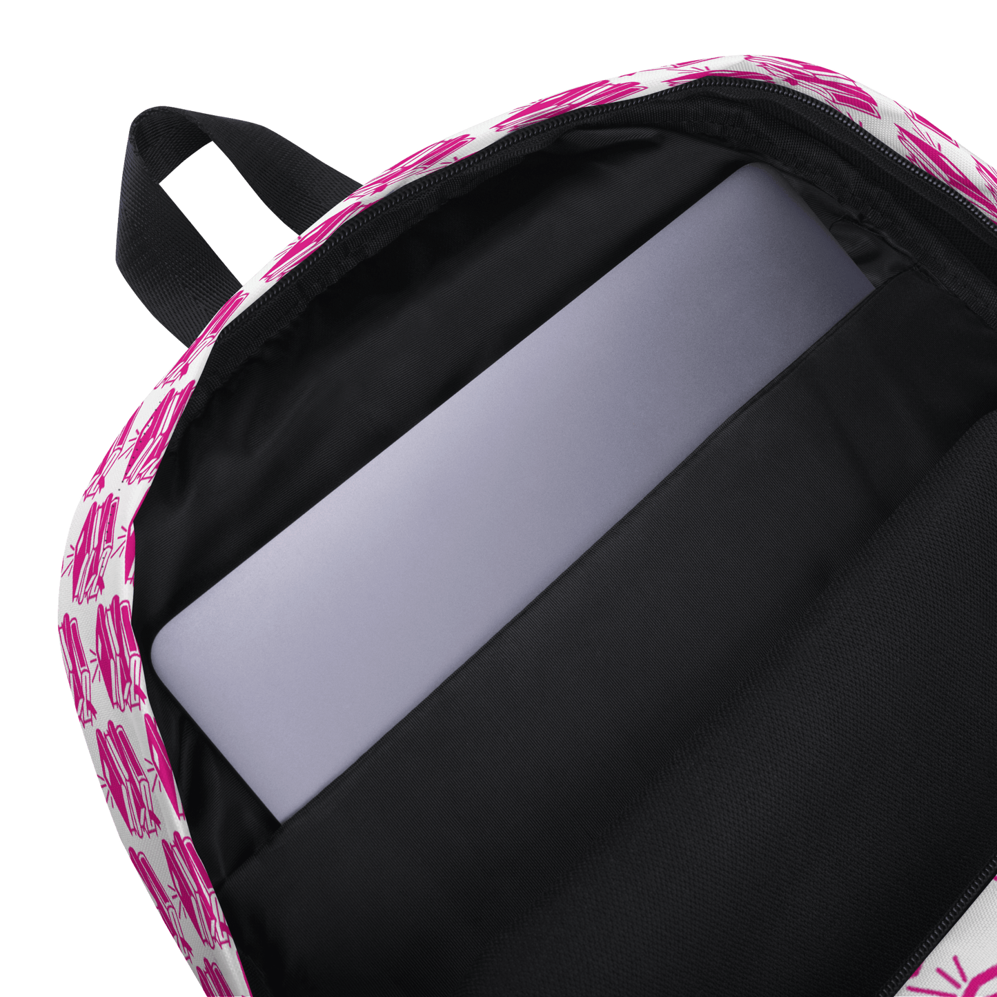 Interior view of Pack & Play Backpack with pink pattern, showcasing padded laptop sleeve for up to 15" laptops.