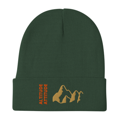 Mountain Beanie – Embroidered Knit Hat with Peak Style in green featuring gold mountain design.