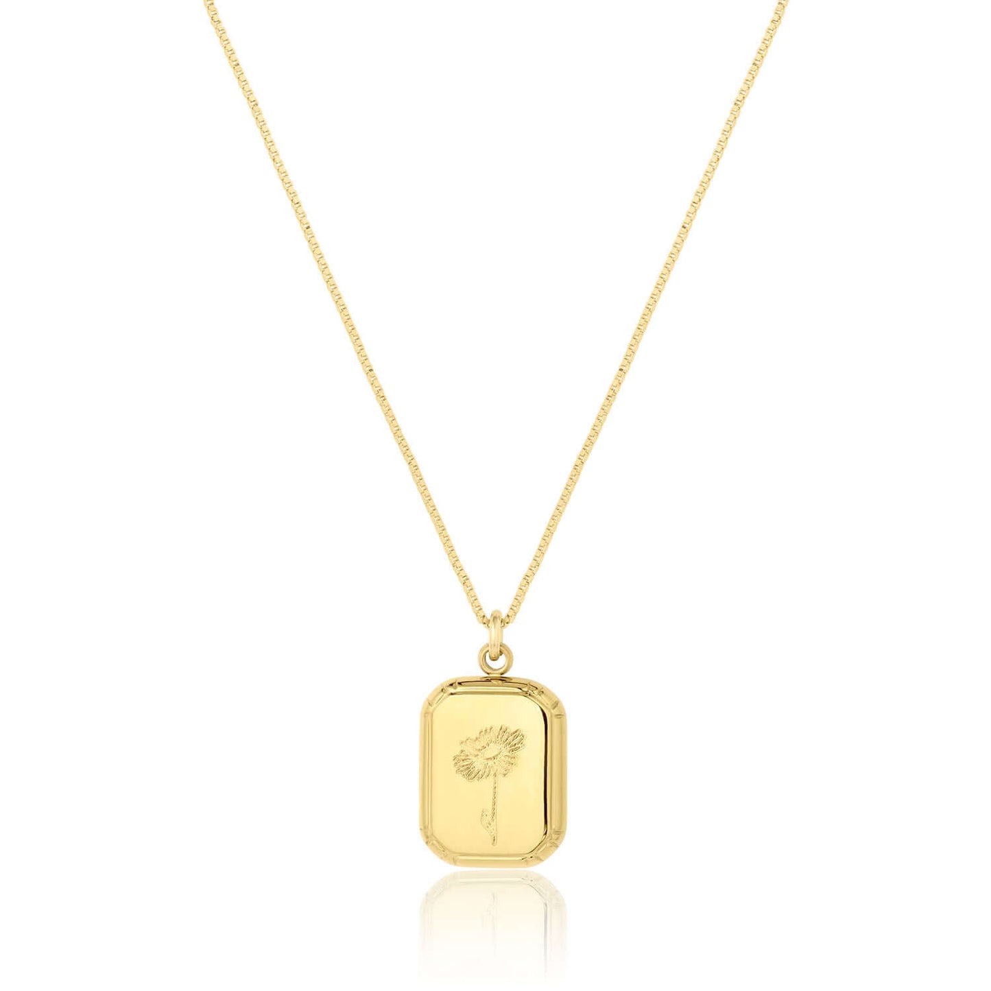 Audrey Birth Flower Necklace – Engraved 18k Gold Over Brass with flower pendant and diamond-cut box chain.